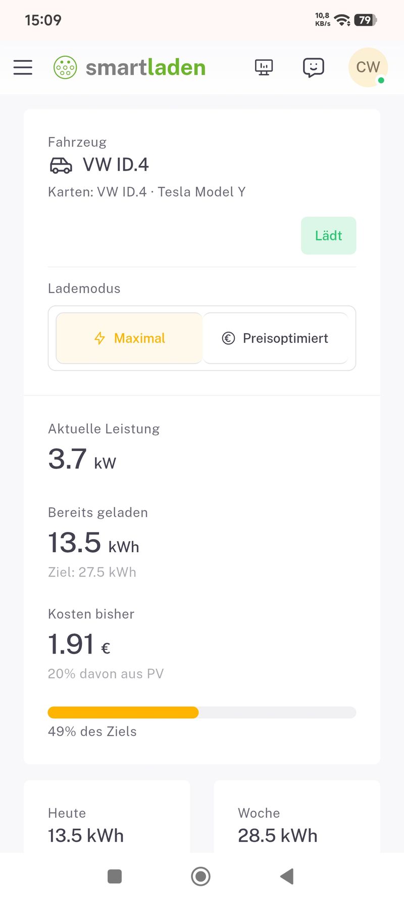 App-Screenshot: Mieter-Sicht mit Lademodus-Wahl und Verbrauchsanzeige